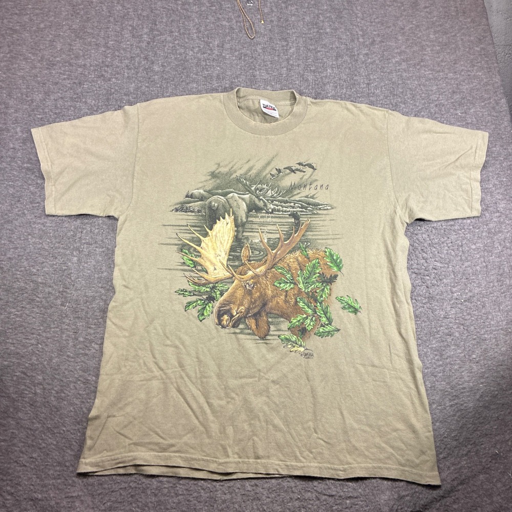 Vintage Montana Moose Tultex T-Shirt Mens XL Green San Segal Graphic - Picture 2 of 10